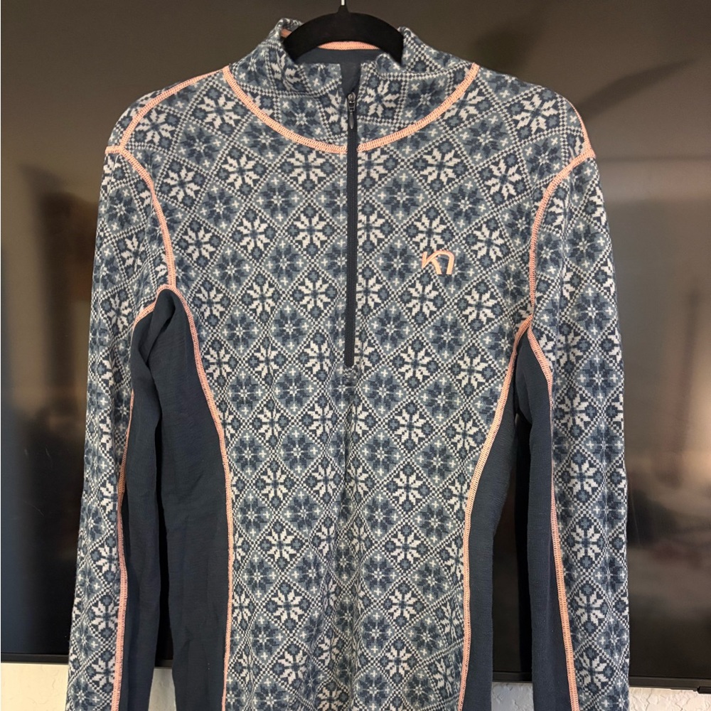 Kari Traa Blue Patterned Half-Zip Top with Pink Trim